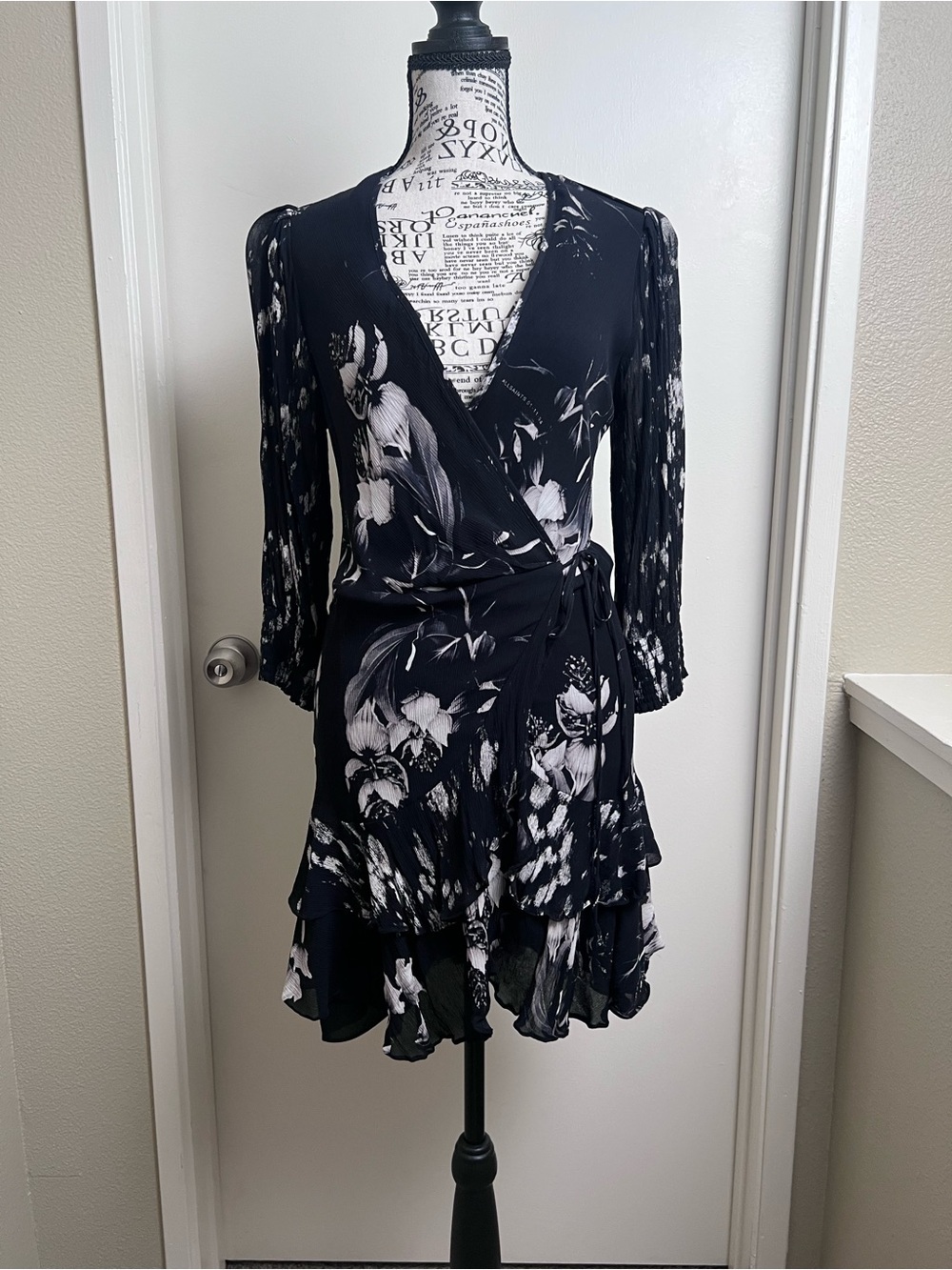 AllSaints Black Floral Wrap Mini Autumn Wedding guest Dress Long Sleeve Ruffle